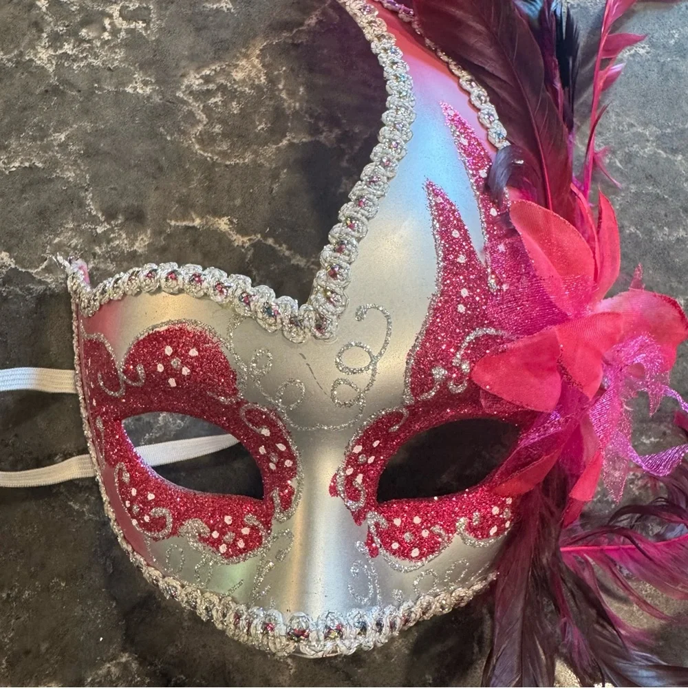 Party Mask/ Feather Masquerade Mask (Silver/Hot Pink)